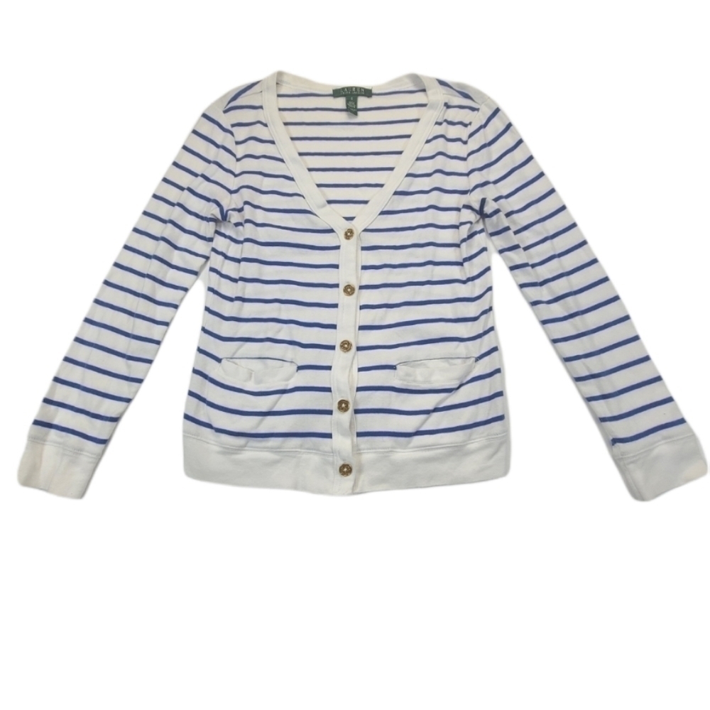 Lauren Ralph Lauren Long Sleeve Cardigan White Blue Striped Cotton, Size Small